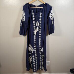 Debbie Katz Malan Embroidered Maxi Dress Size Medium Navy Blue Cover Up